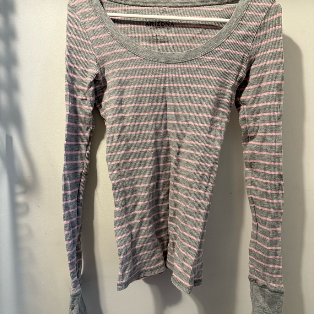 Arizona Jean Company Women's Striped Long Sleeve Thermal Top - Gray and Pink